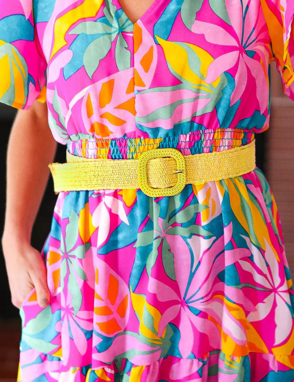 Yellow Woven Square Buckle Stretchy Belt | Daverri Fashions