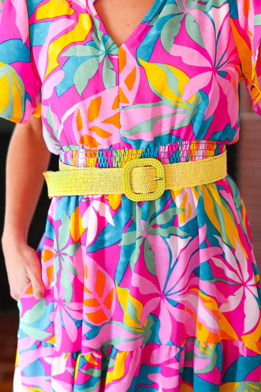 Yellow Woven Square Buckle Stretchy Belt | Daverri Fashions