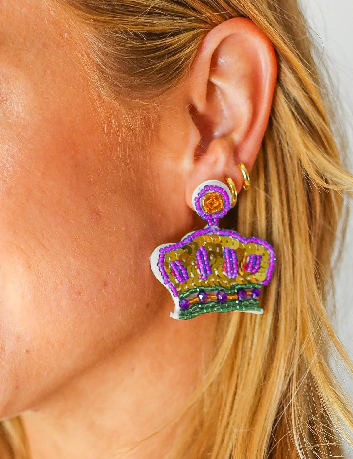Mardi Gras Sequin & Beaded Crown Dangle Earrings | Daverri Fashions