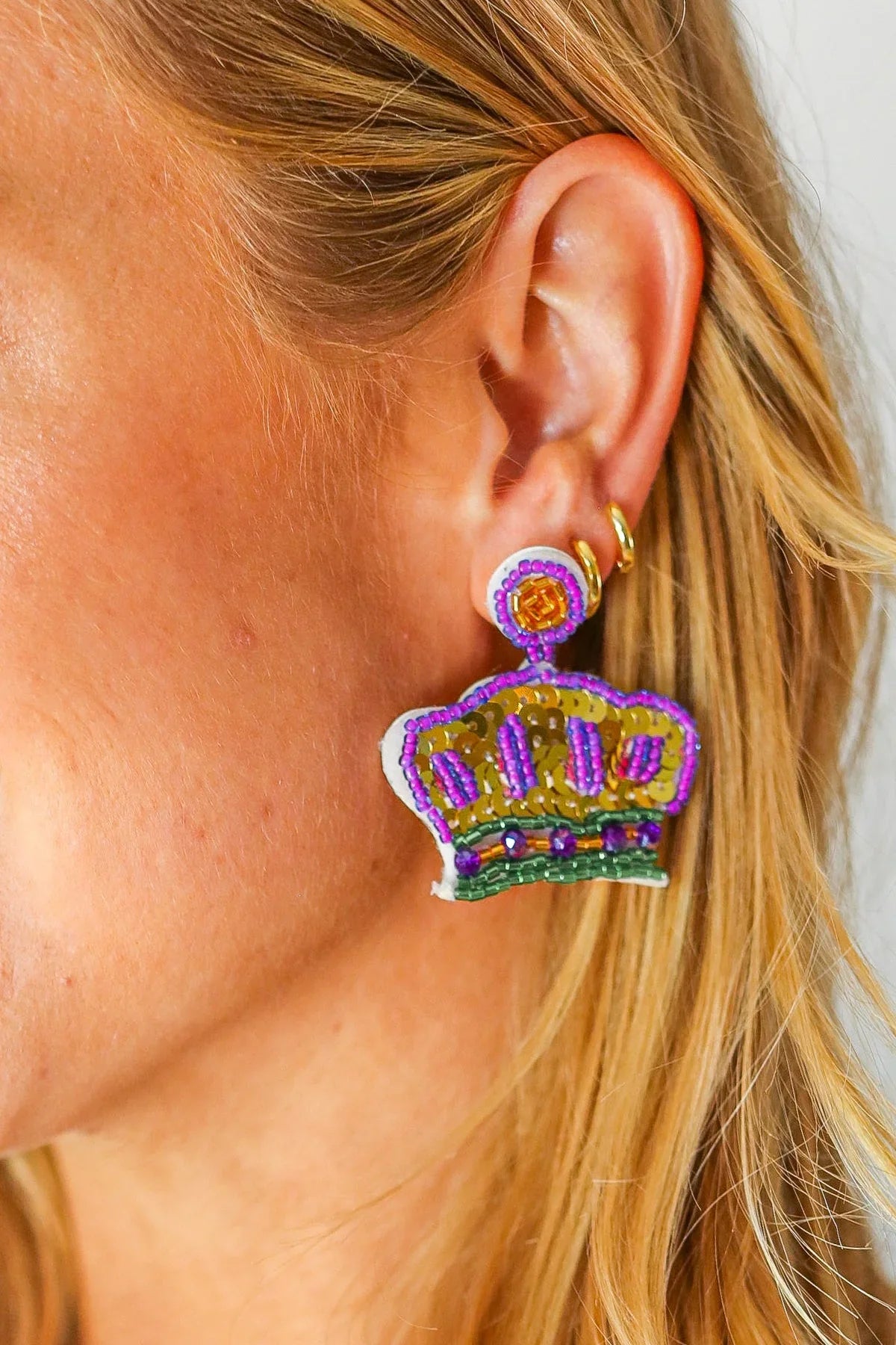 Mardi Gras Sequin & Beaded Crown Dangle Earrings | Daverri Fashions