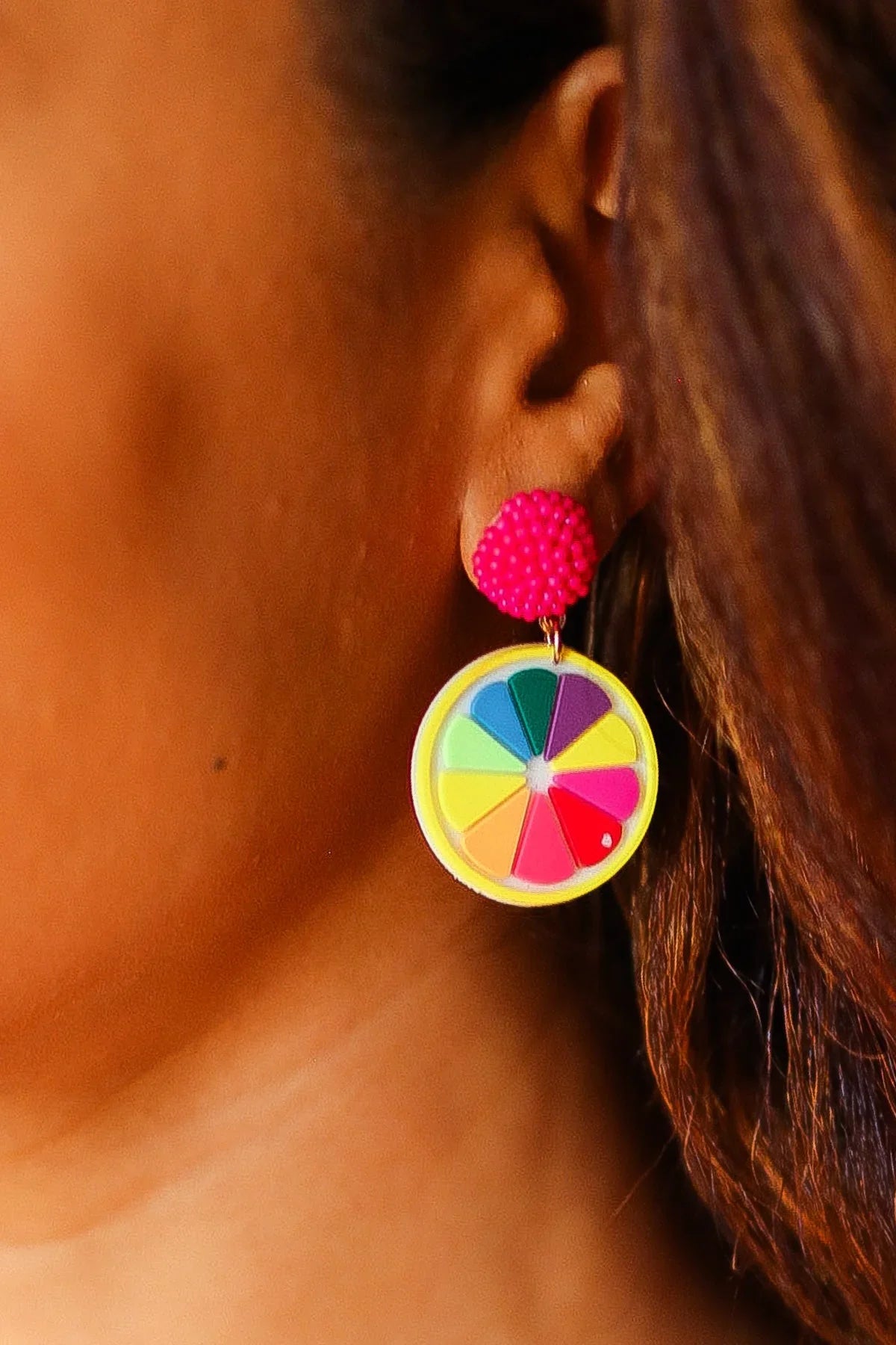 Fuchsia Beaded Stud Multicolor Wood Dangle Earrings | 07-01-25 Summer Sale Daverri Fashions