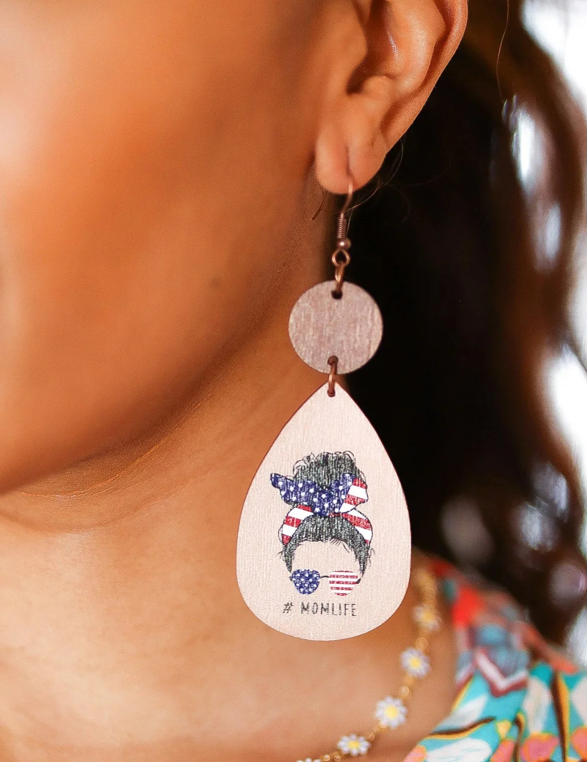 USA Flag "#MOMLIFE" Wooden Dangle Earrings | 2024 Summer Blow Out Sale Daverri Fashions