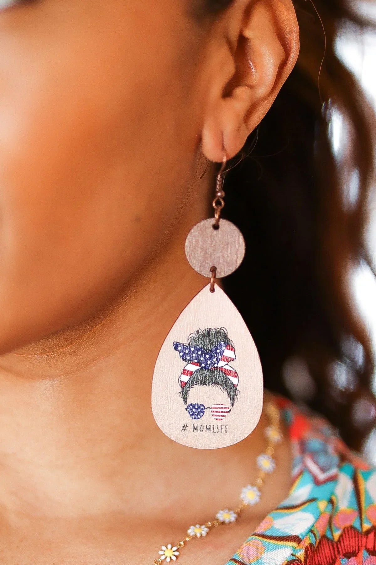 USA Flag "#MOMLIFE" Wooden Dangle Earrings | 2024 Summer Blow Out Sale Daverri Fashions