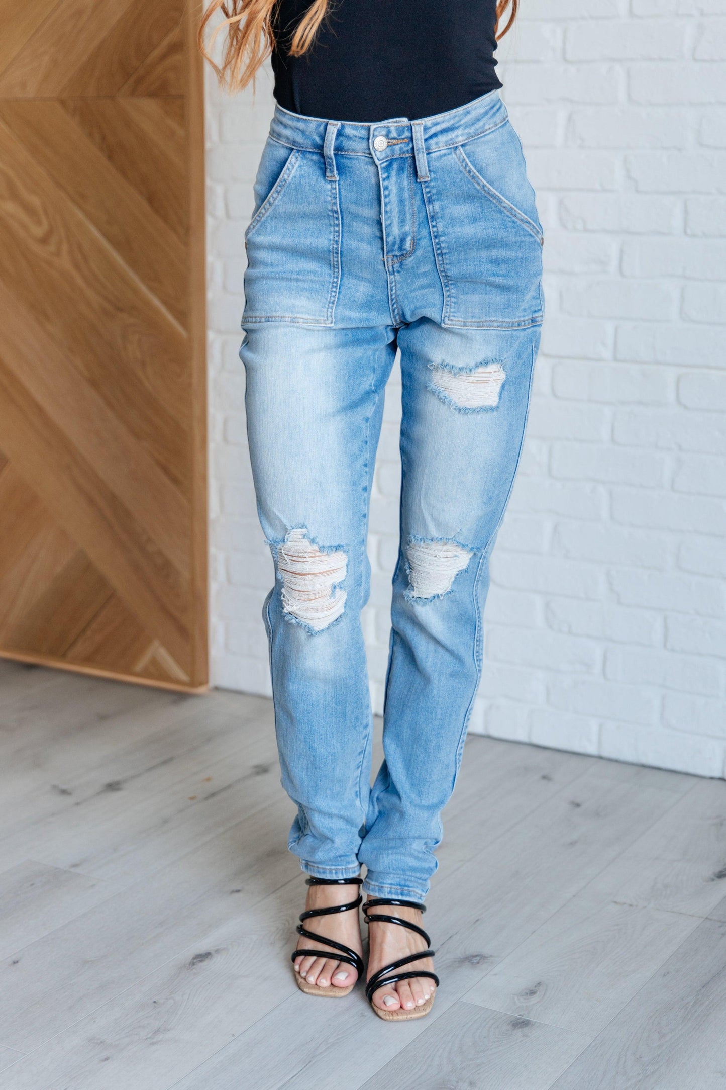Judy Blue High Rise Patch Pocket Distressed Boyfriend Jeans Jeans
