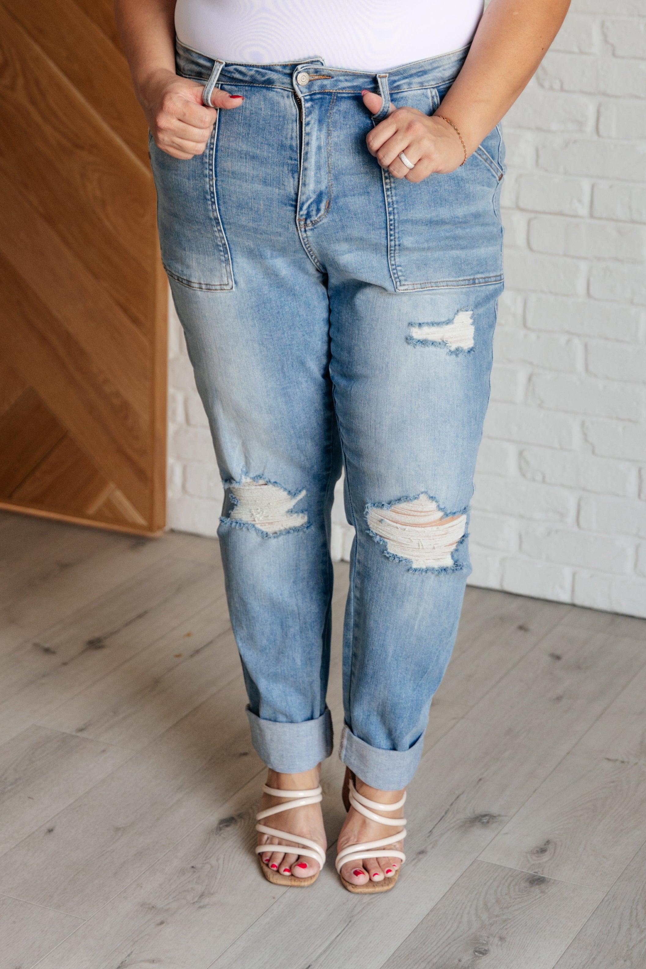 Judy Blue High Rise Patch Pocket Distressed Boyfriend Jeans Bottoms