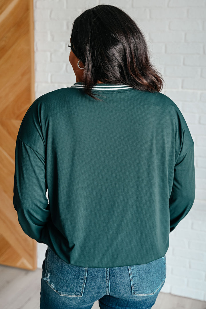 All Out Comfort V-Neck Pullover in Midnight Green Tops