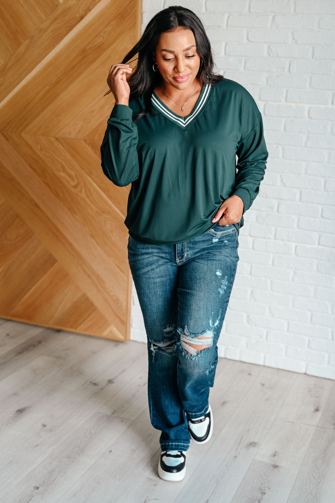 All Out Comfort V-Neck Pullover in Midnight Green Tops