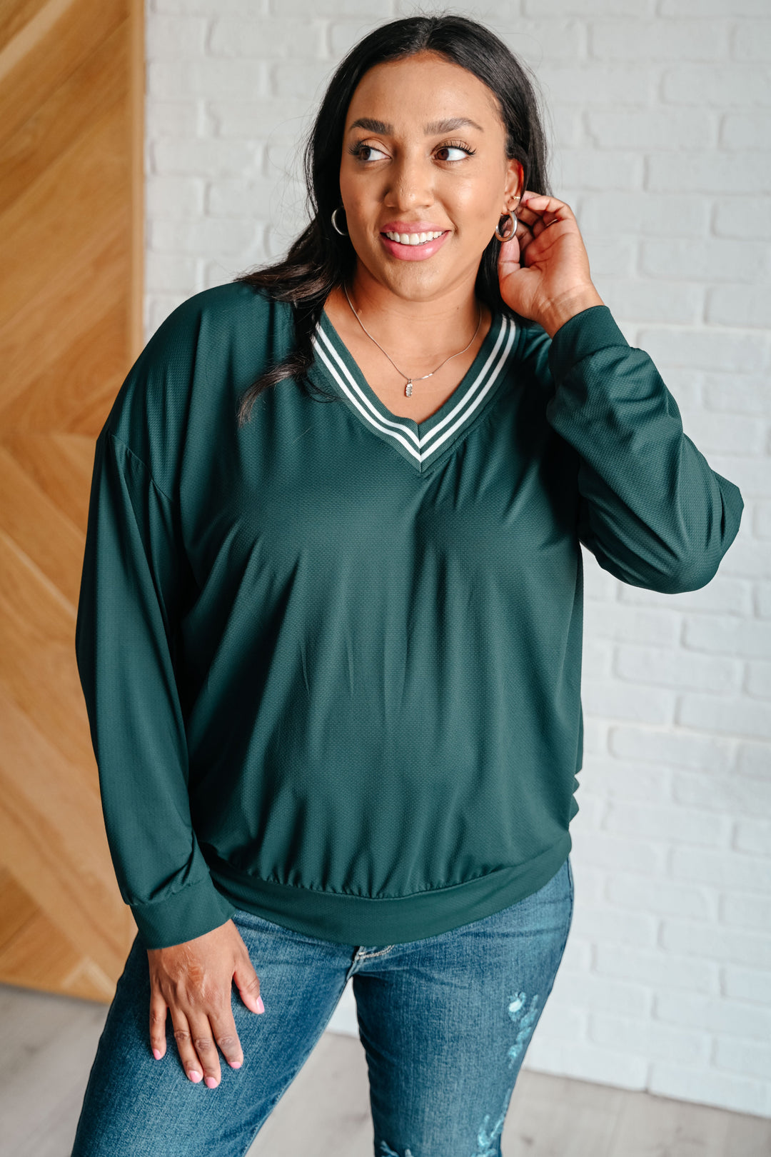 All Out Comfort V-Neck Pullover in Midnight Green Tops