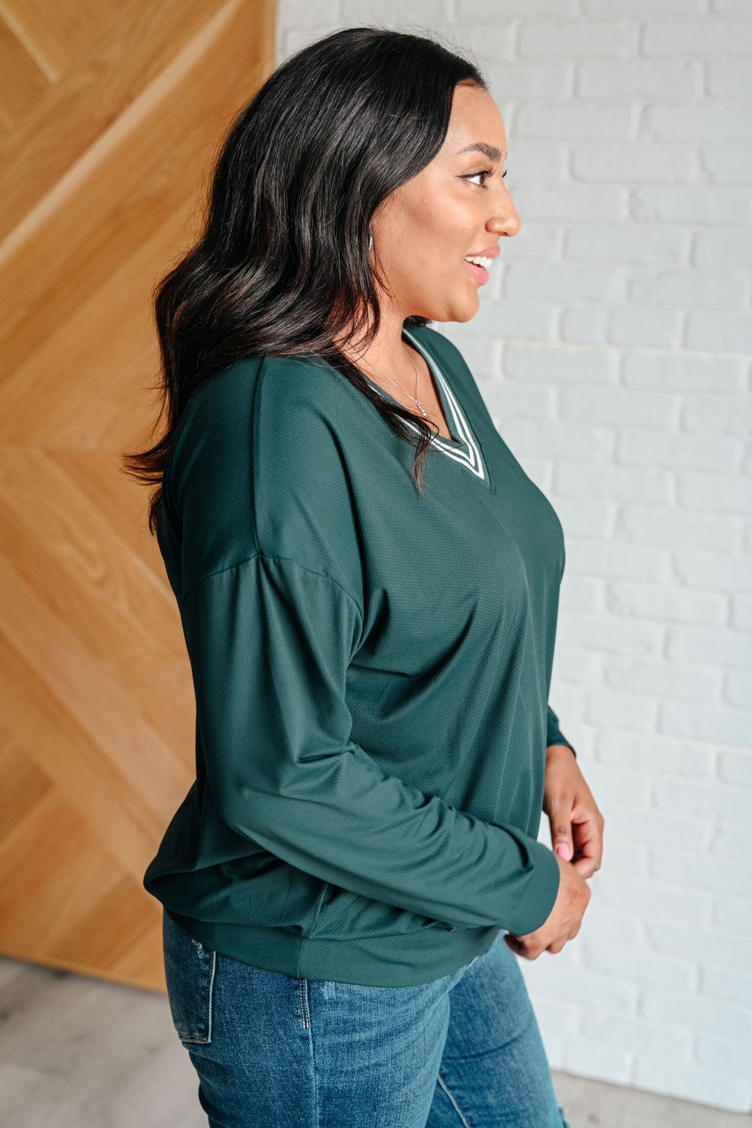 All Out Comfort V-Neck Pullover in Midnight Green Tops