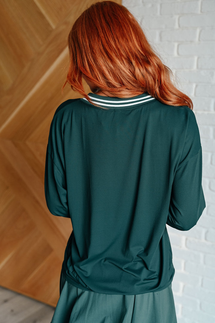 All Out Comfort V-Neck Pullover in Midnight Green Tops