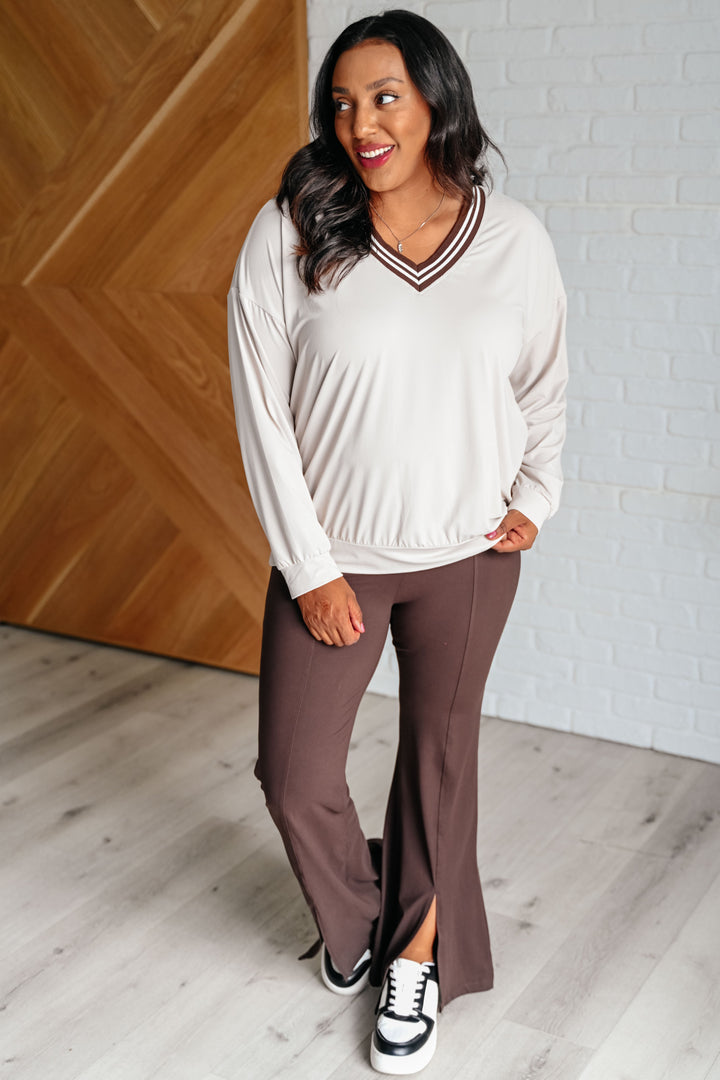 All Out Comfort V-Neck Pullover in Mocha Cream Tops