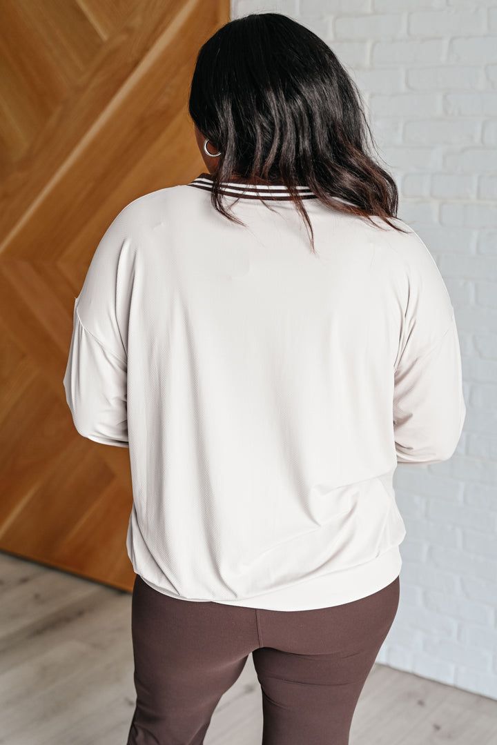 All Out Comfort V-Neck Pullover in Mocha Cream Tops