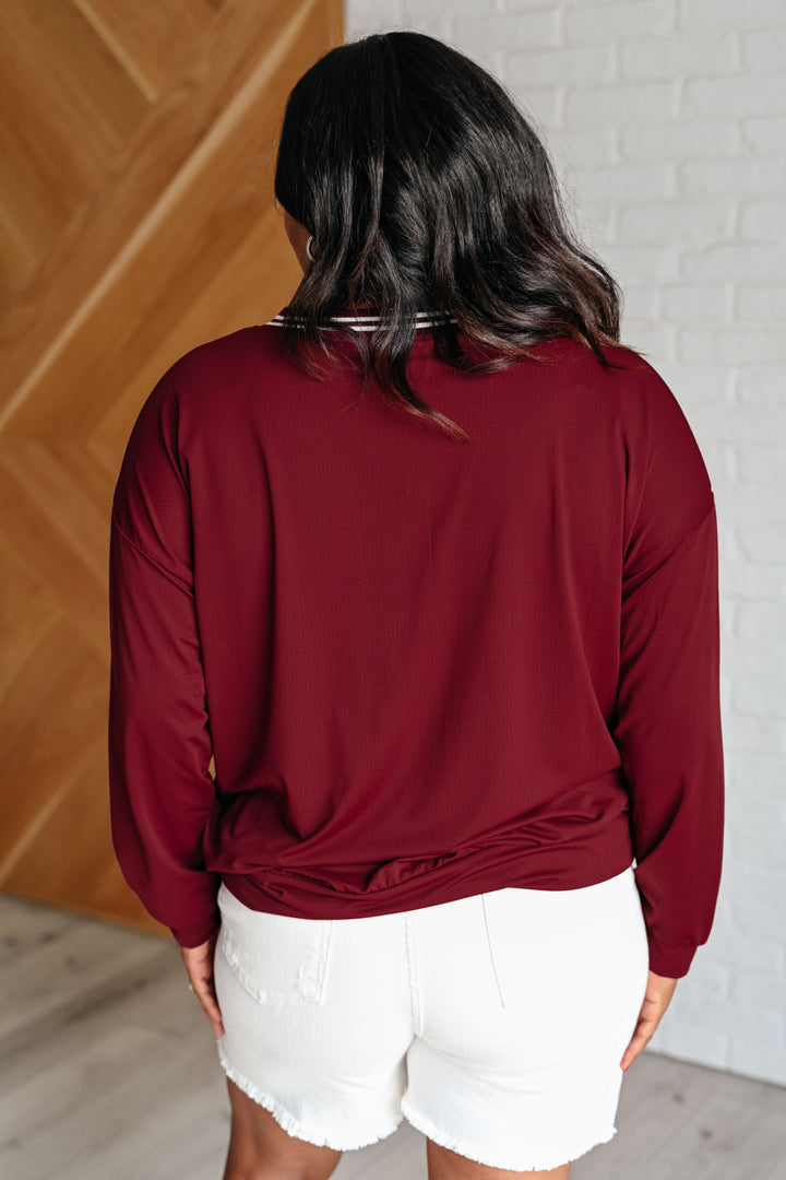 All Out Comfort V-Neck Pullover in Red Merlot Tops