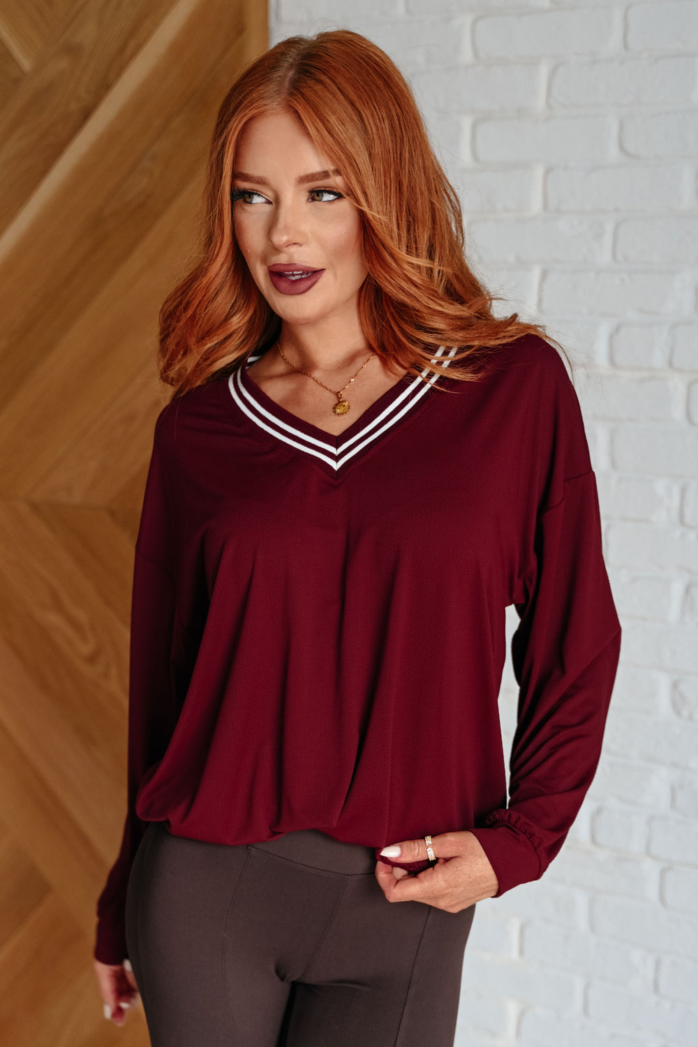 All Out Comfort V-Neck Pullover in Red Merlot Tops