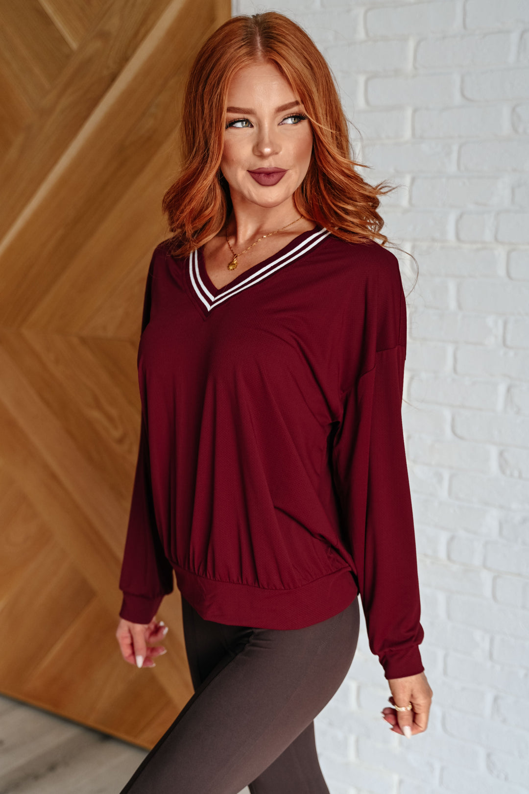 All Out Comfort V-Neck Pullover in Red Merlot Tops