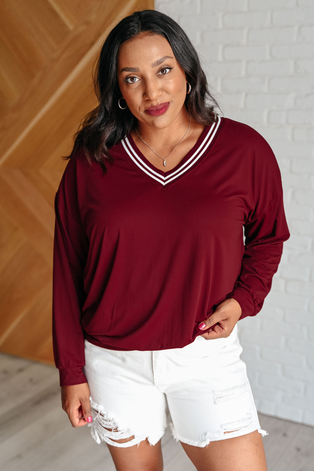 All Out Comfort V-Neck Pullover in Red Merlot Tops