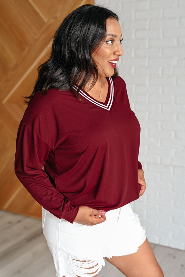 All Out Comfort V-Neck Pullover in Red Merlot Tops