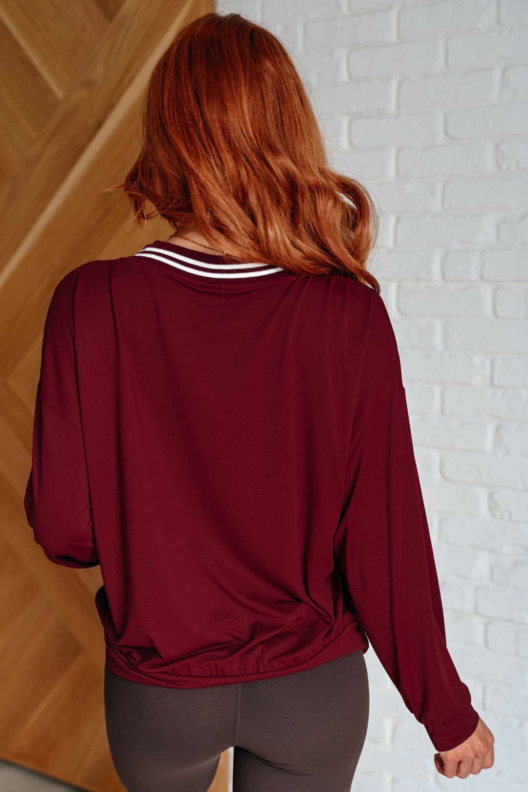 All Out Comfort V-Neck Pullover in Red Merlot Tops