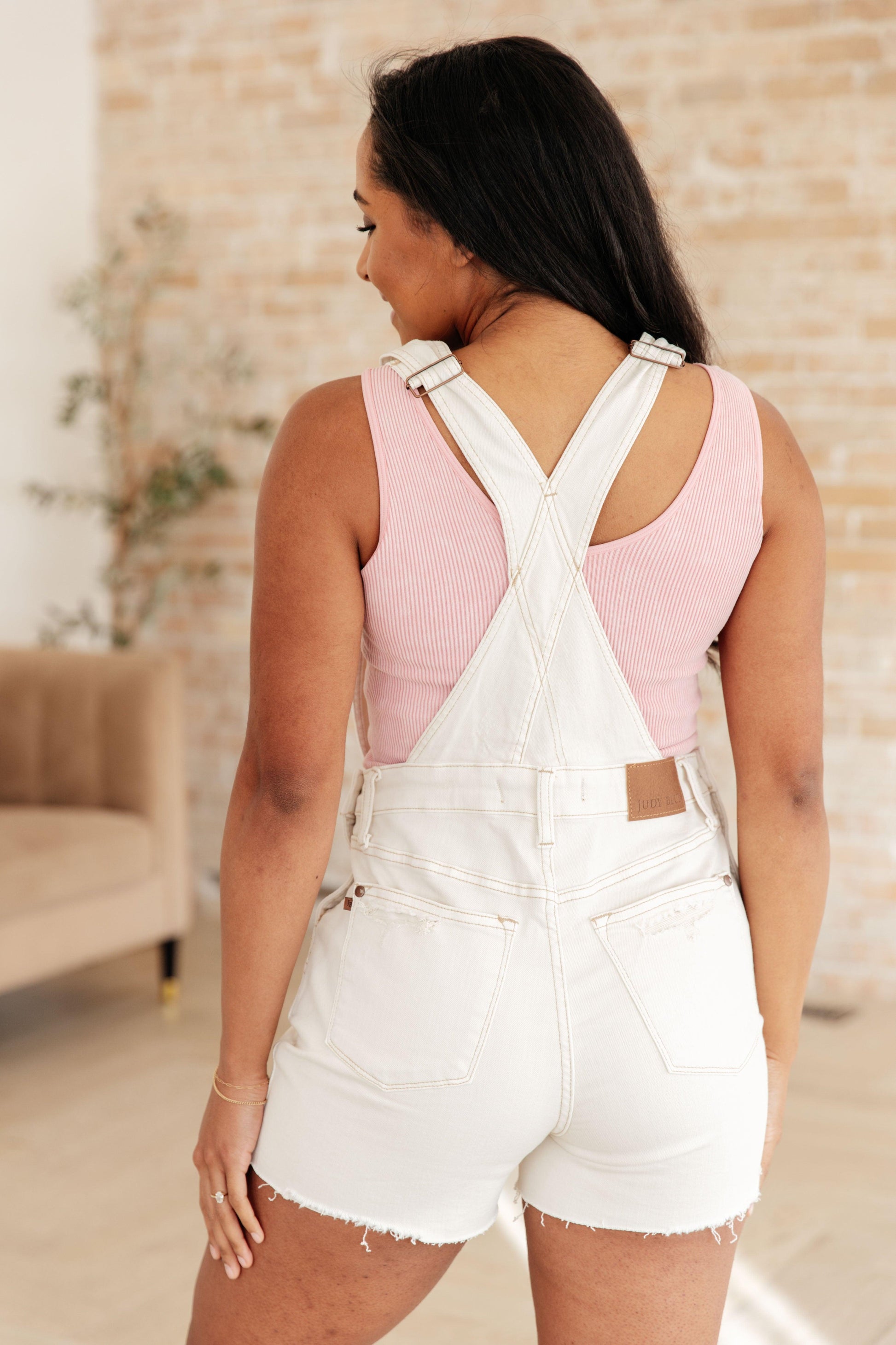 Anna High Rise Garment Dyed Cutoff Shortalls in Ecru Shortalls