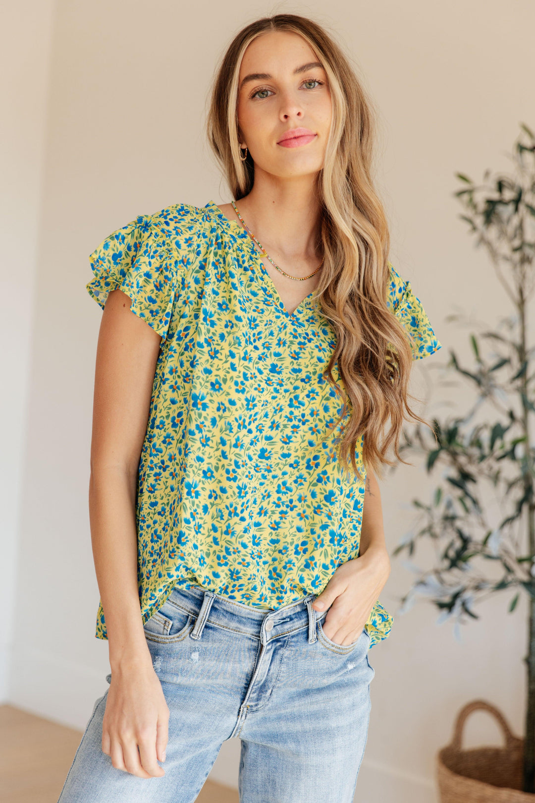 Green Flutter Sleeve Floral Top Shirts & Tops
