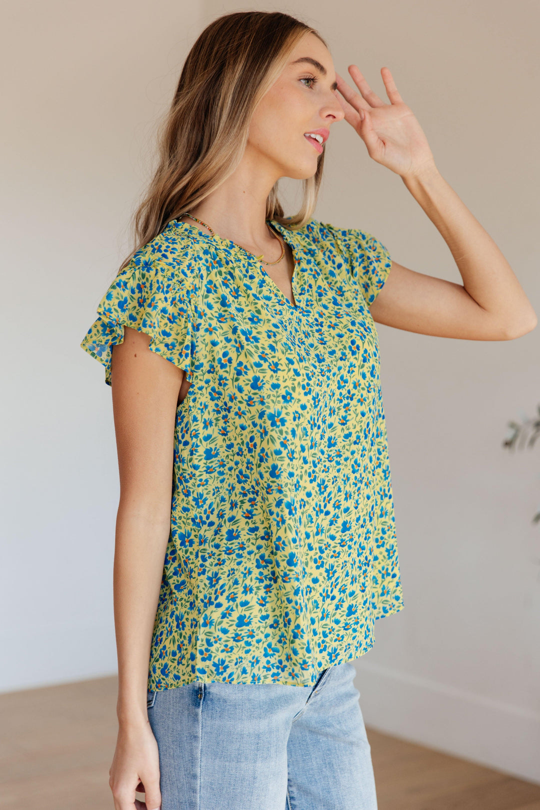 Green Flutter Sleeve Floral Top Shirts & Tops