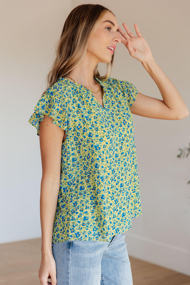 Green Flutter Sleeve Floral Top Shirts & Tops