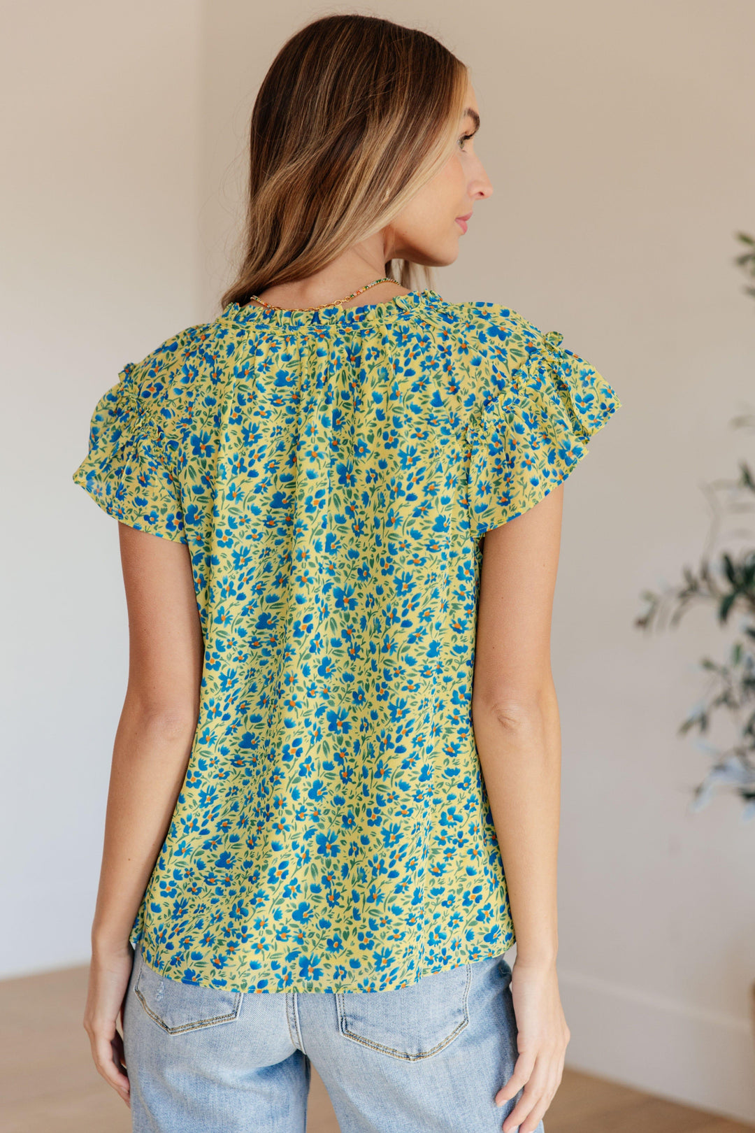 Green Flutter Sleeve Floral Top Shirts & Tops