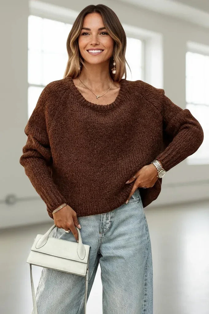 Round Neck Drop Shoulder Sweater - DAVERRI FASHIONS