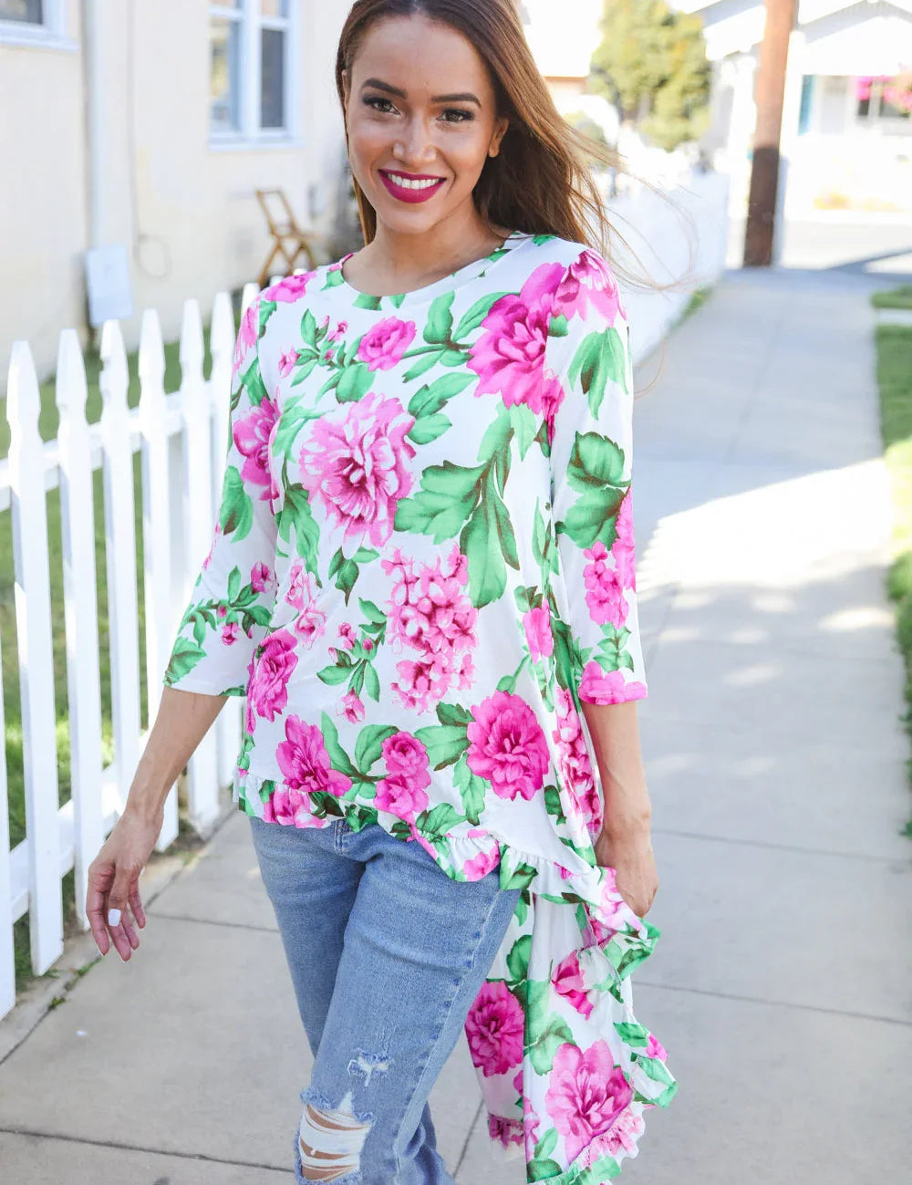 Be Bold Ivory Big Floral Hi-Lo Ruffle Hem Knit Top | Daverri Fashions