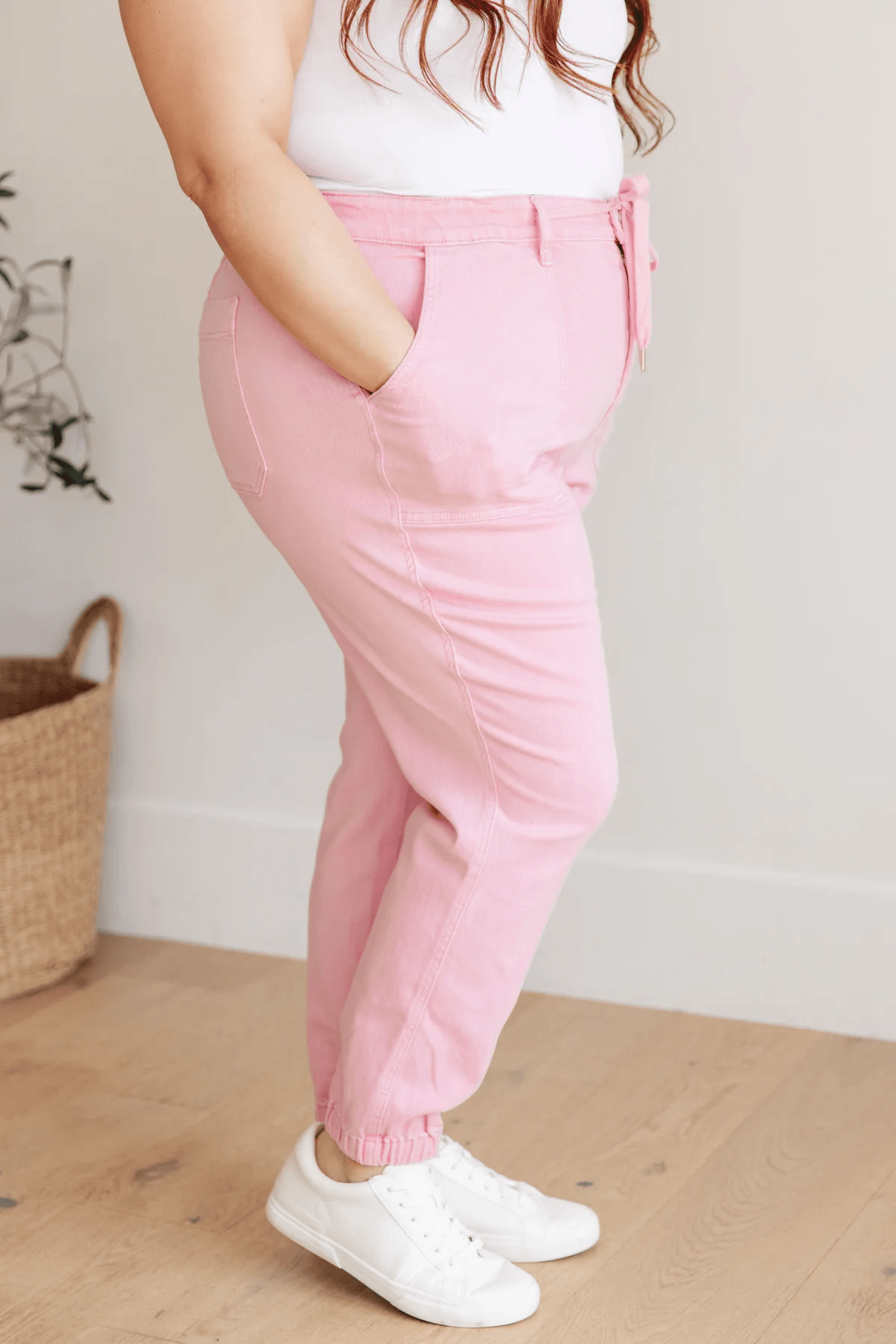 High Rise Pink Denim Joggers Jeans