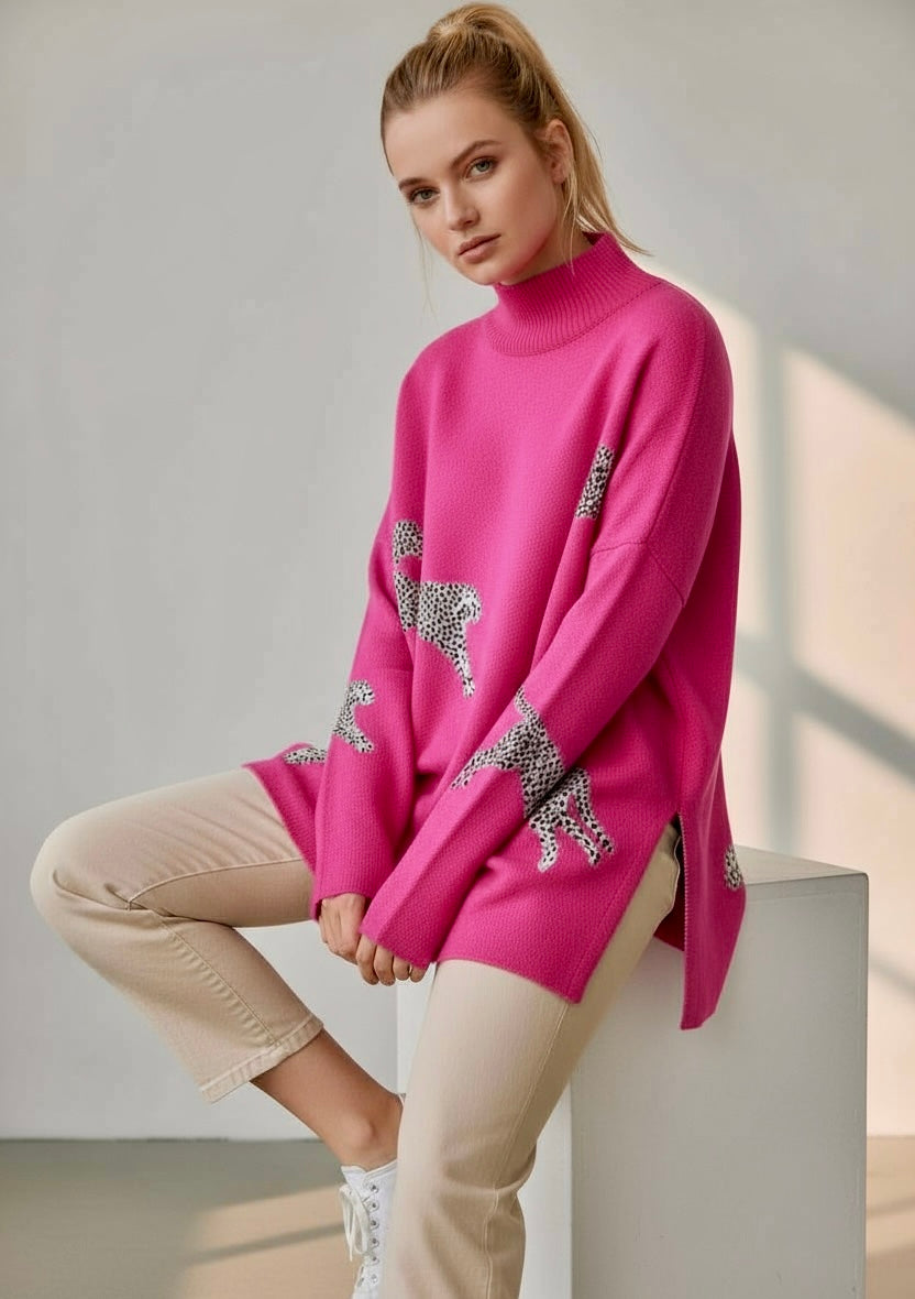 Side Slit Loose Fit Cheetah Print Mock Neck Sweater