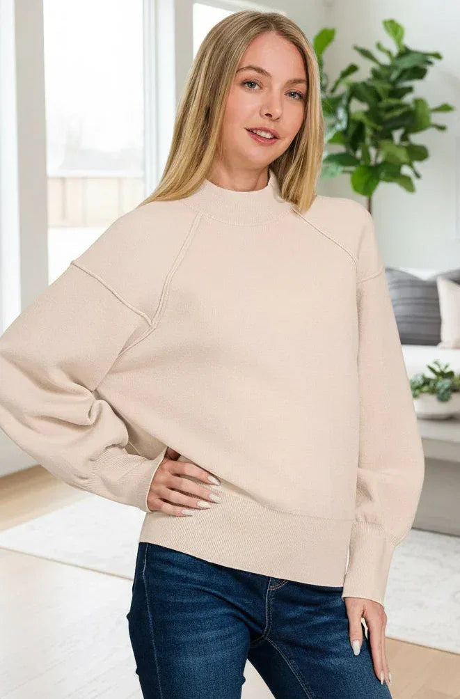 Zenana Viscose Mock Neck Exposed Seam Sweater - DAVERRI FASHIONS