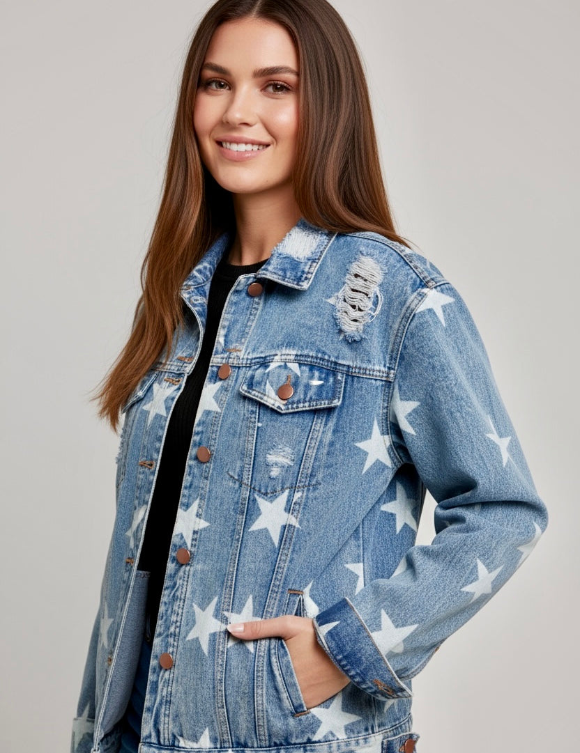 Star Distressed Denim Shacket | Shackets Daverri Fashions