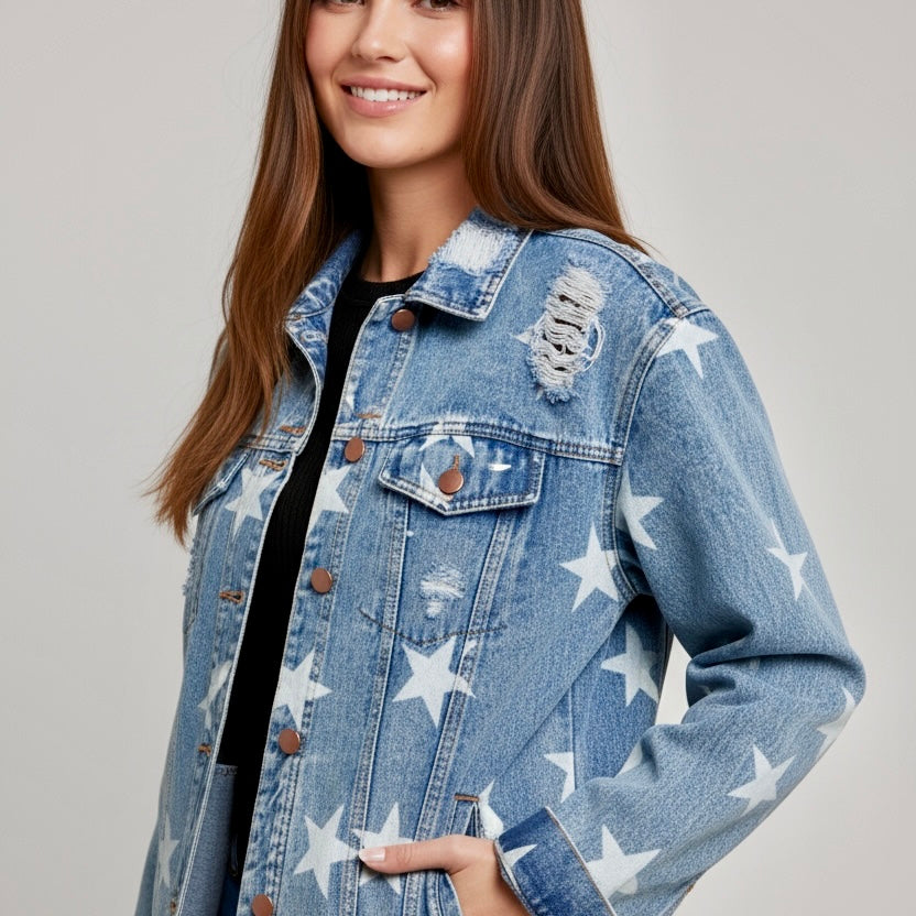 Star Distressed Denim Shacket | Shackets Daverri Fashions