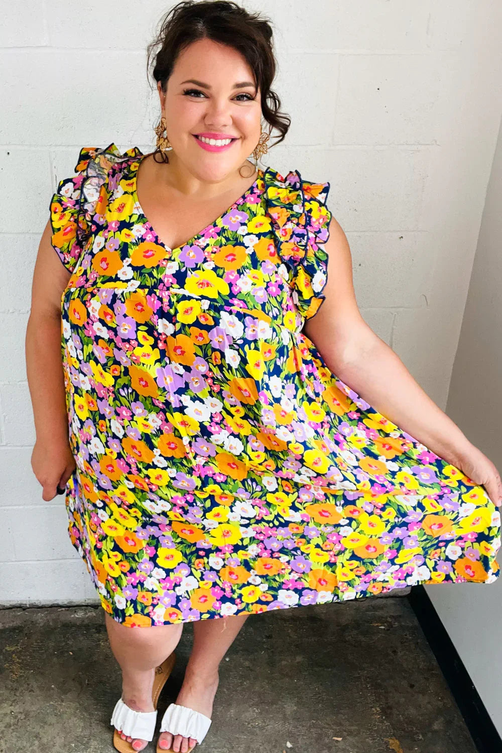 Indigo & Lemon Floral Babydoll Ruffle Dress | Daverri Fashions