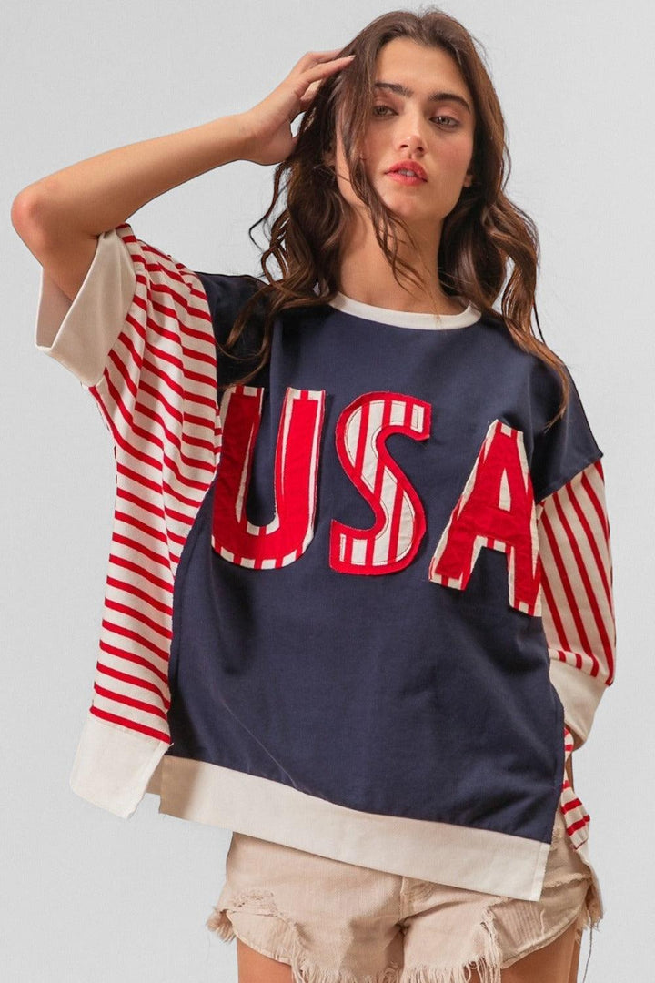 USA Letter Patchwork Short Sleeve T-Shirt Shirts & Tops