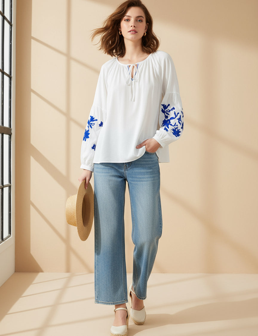 Floral Embroidered Tie Neck Blouse | Blouses Daverri Fashions