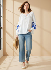 Floral Embroidered Tie Neck Blouse | Blouses Daverri Fashions