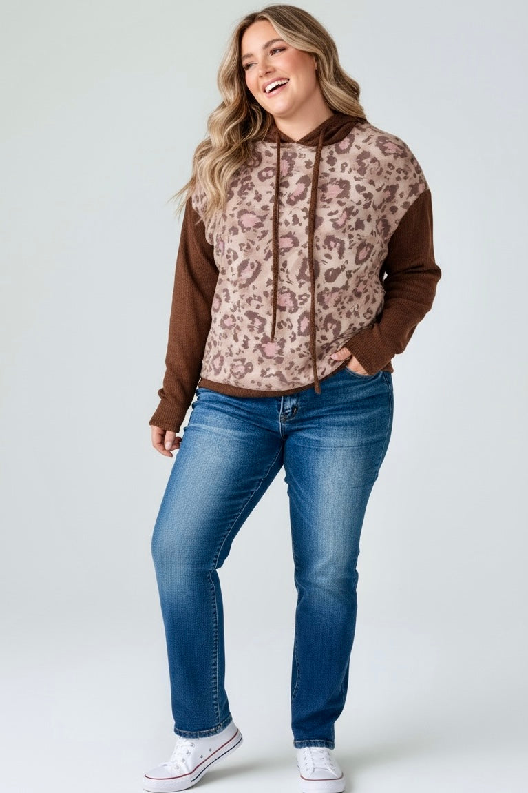 Plus Size Leopard Long Sleeve Drawstring Hoodie