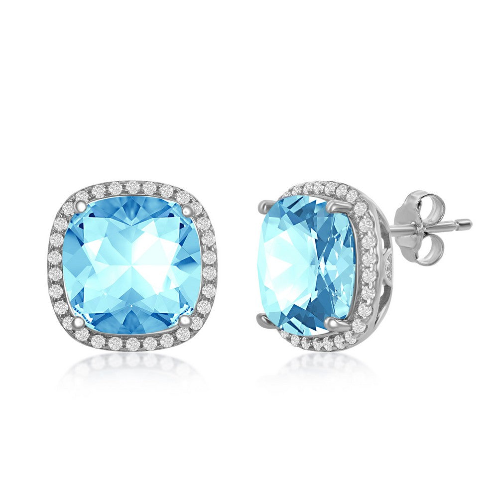 Sterling Silver CZ and 10mm Cushion Square Aqua Swarovski Element Earrings Earrings