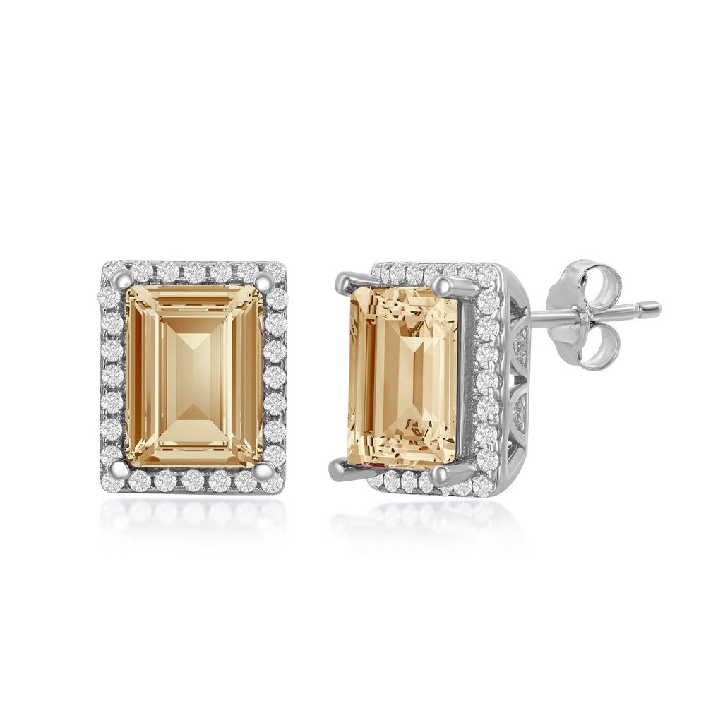 Sterling Silver CZ 8x6mm Rectangular Step-Cut Golden Shadow Swarovski Element Earrings Earrings