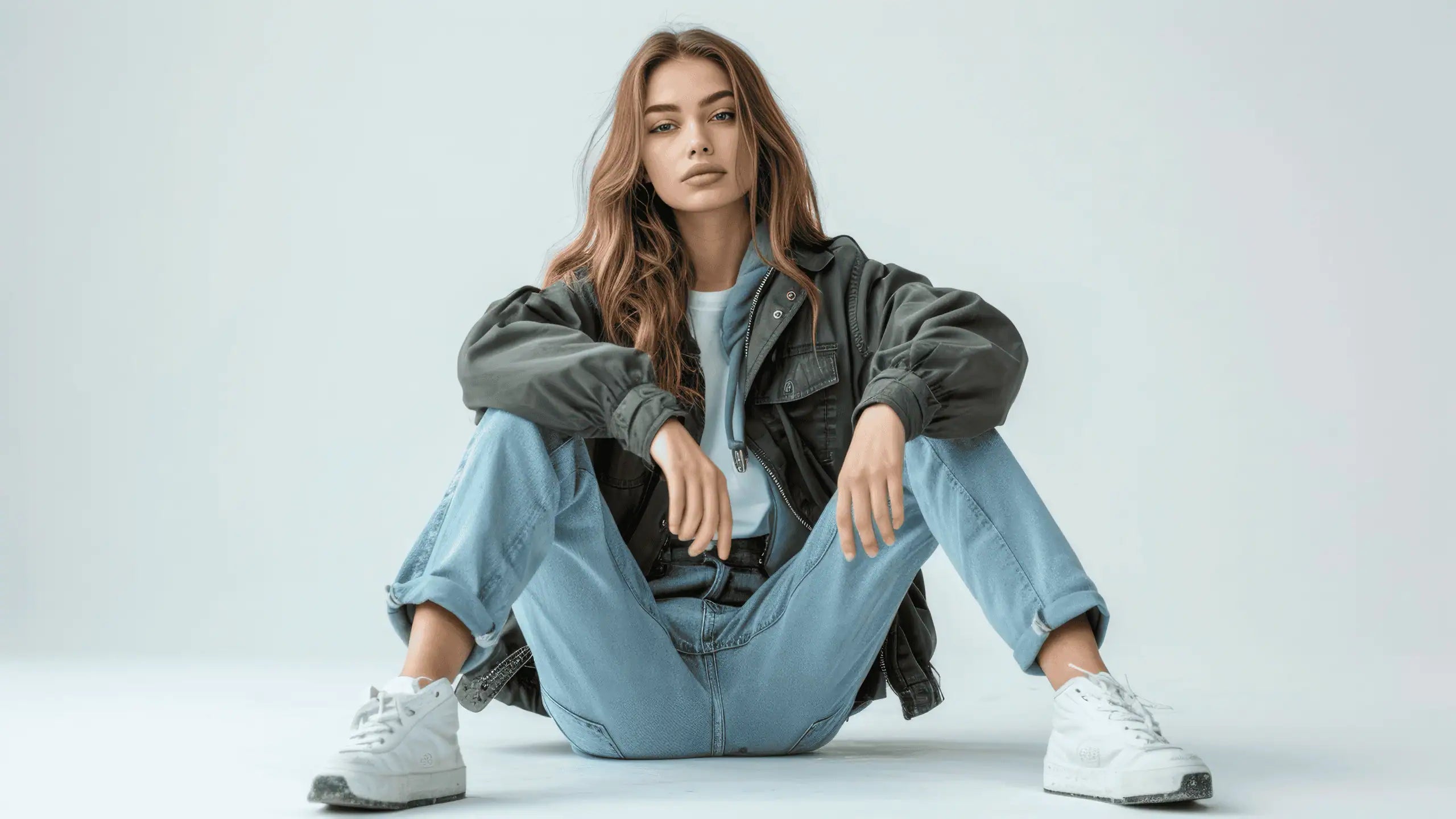 Woman sitting on the floor wearing a gray jacket, light blue jeans, and white sneakers on a light gray background