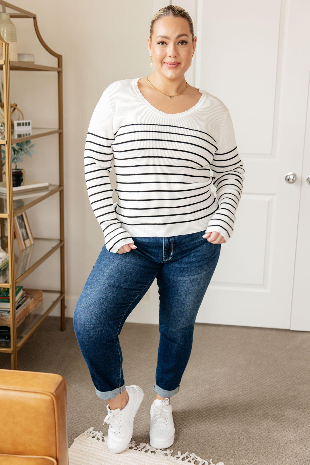 Long Sleeved V-Neck Striped Sweater Sweaters