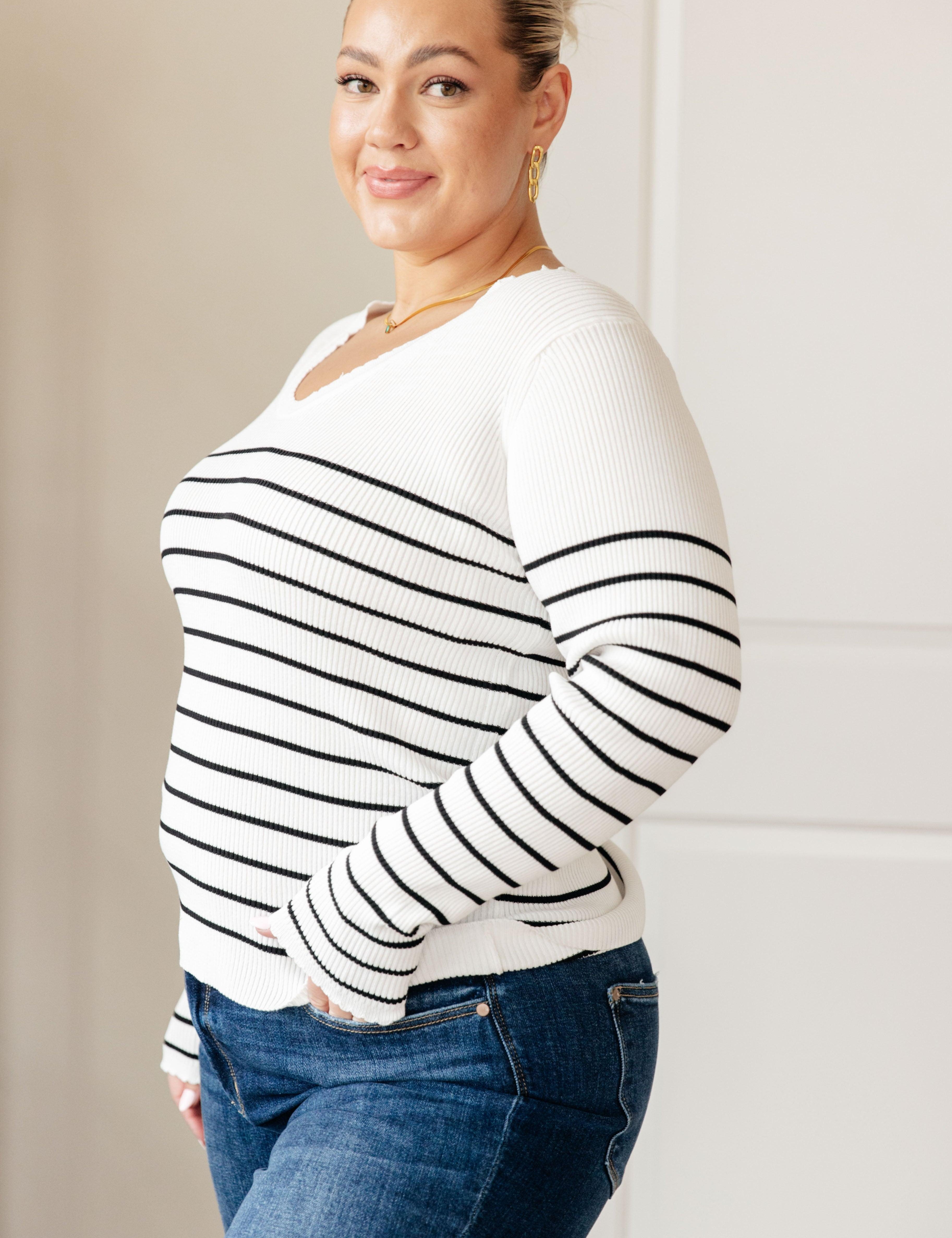 Long Sleeved V-Neck Striped Sweater Plus Size Sweaters