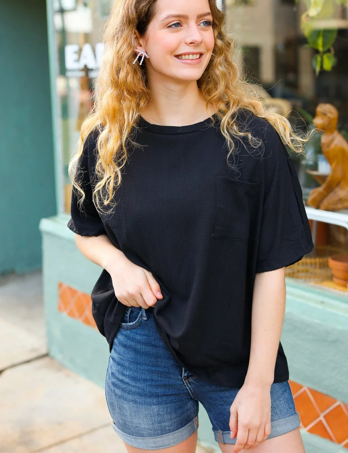 Be Bold Black Crinkle Texture Pocketed Dolman Top | 07-01-25 Summer Sale Daverri Fashions