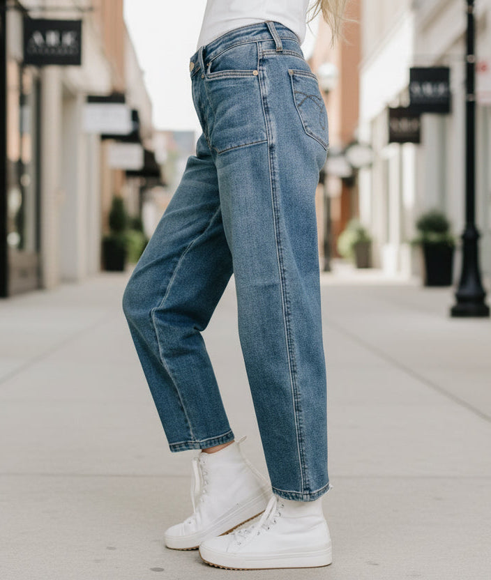 Bella High Waist Soft Barrel Stitch Thru Pocket denim jeans with white sneakers and ankle socks