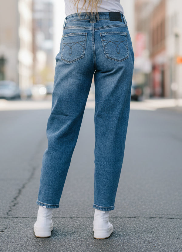 Bella High Waist Soft Barrel Stitch Thru Pocket blue denim jeans