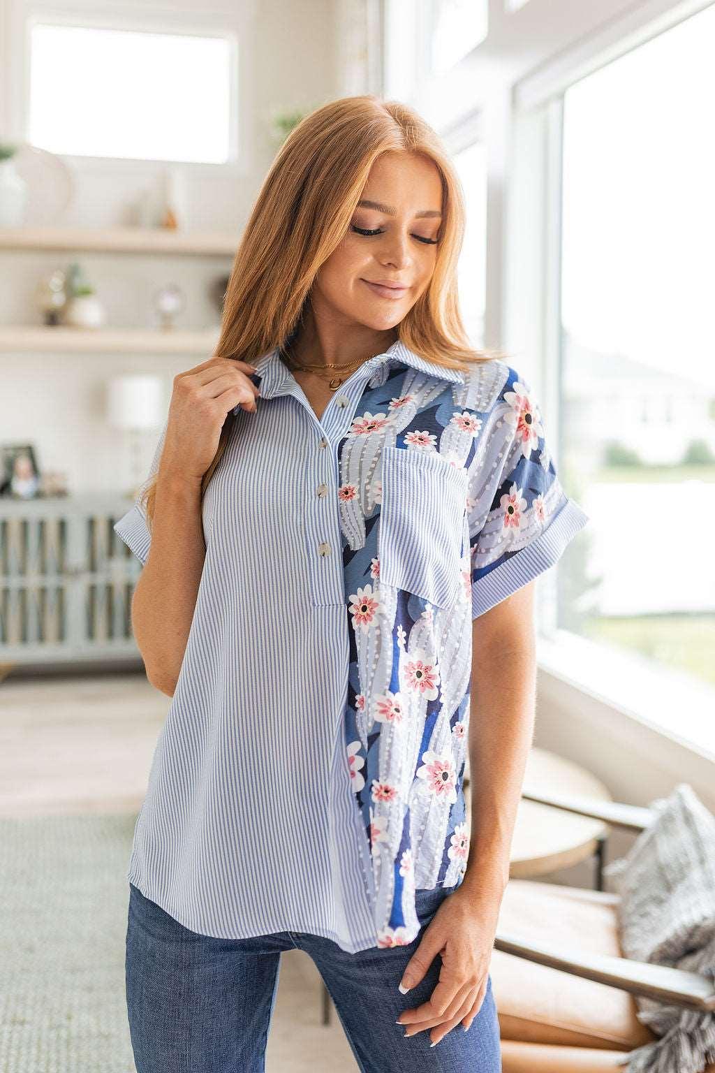 Best Of Both Worlds Button Down Top Blue Shirts & Tops