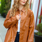 Tan Open Your Heart Rust vegan leather snap button shacket with pocket