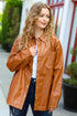 Tan Open Your Heart Rust vegan leather snap button shacket with pocket